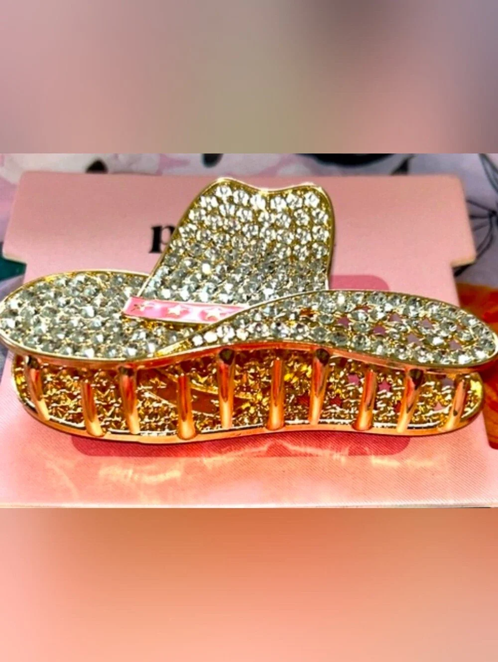 piper•k Crystal Cowboy Rhinestone Hat Hair Claw Clip - Pink & Gold